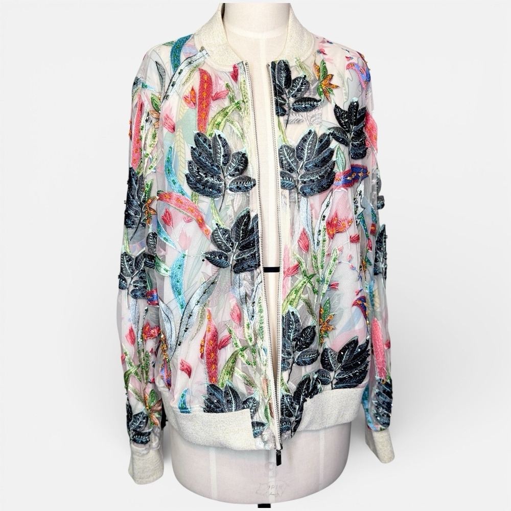 OO LA LA Orange/Turquoise Floral Beaded Sheer Mesh Zippered Jacket Sz XL